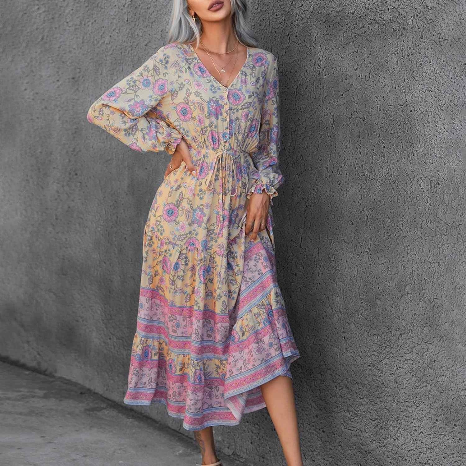Wrap Dresses for Women，Puff Sleeve Spring Dress Tie Waist Tiered Midi Dress for Going Out Wedding Guest Date Night