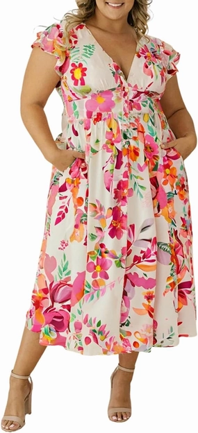 XAKALAKA Women's Summer Plus Size Floral Print V Neck Ruffle Sleeve Midi Dress Daily Country V Neck Dress