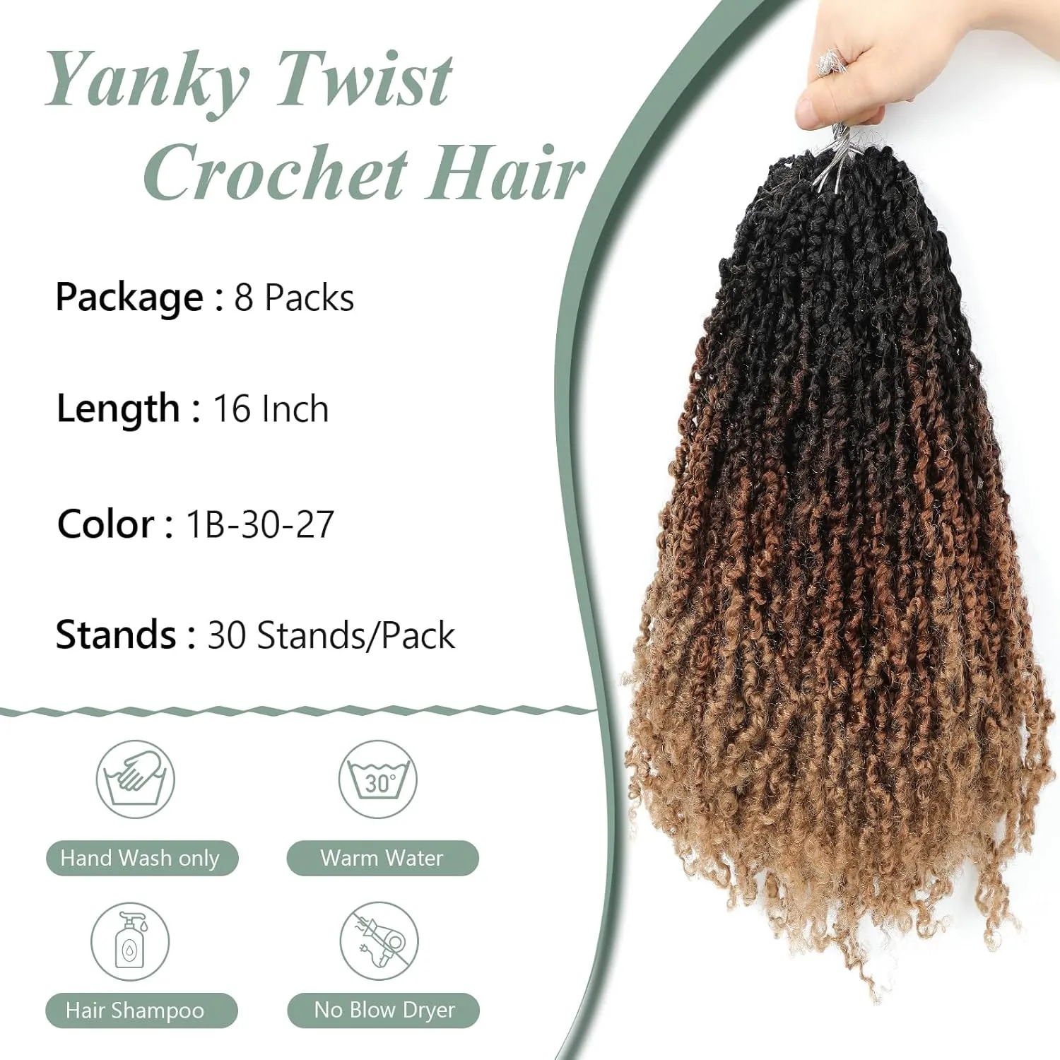 Yanky Twist Crochet Hair 16 Inch 8 Packs Crochet Yanky Twist Hair Spring Mini Twists Crochet Hair Extensions 1B/30/27 Bohemian Passion Twist Hair for Black Women