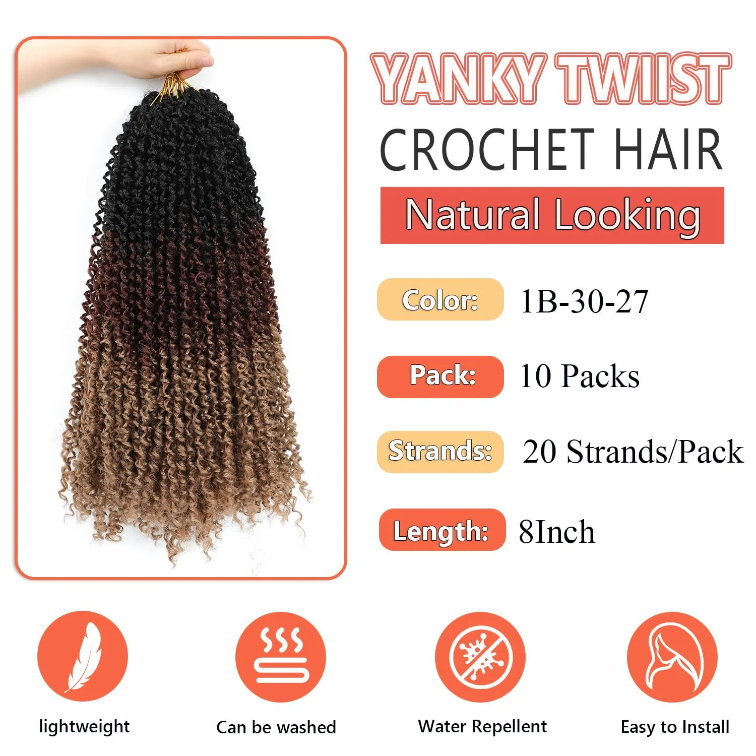 Yanky Twist Crochet Hair 8 Inch 10 Packs Yanky Passion Twist Hair Bohemian Yanky Twists Crochet Hair Pre Looped Pre-twisted Fluffy Mini Twist Crochet Hair Crochet Braiding Hair (1B/30/27)