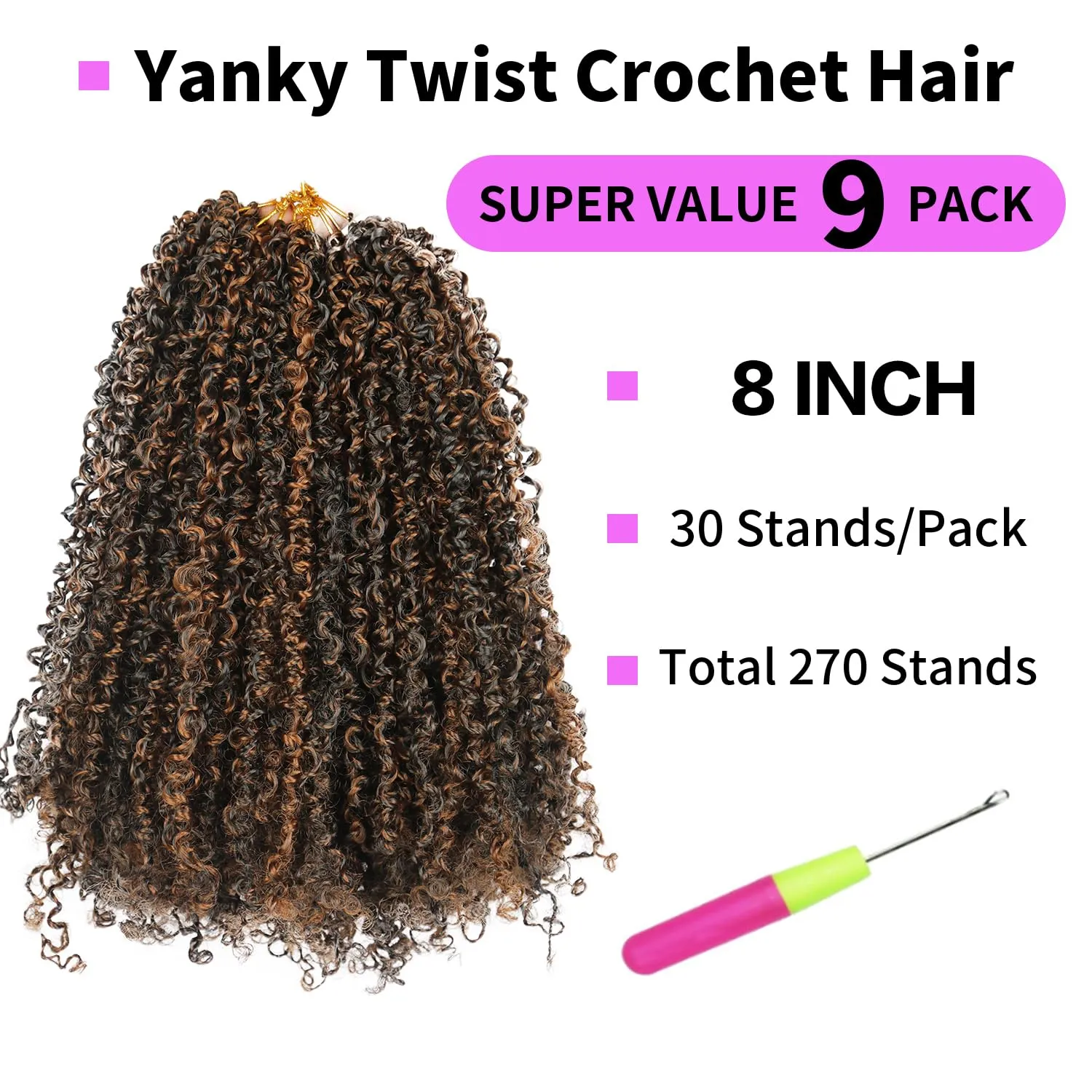 Yanky Twist Crochet Hair 9 Pack(270 Strands Total) Pre loop Pre Twisted Dark Brown Braids Crochet Hair,Synthetic Spring Short Passion Twist Crochet Braiding Hair Extensions For Women(1BH30, 8 Inch)