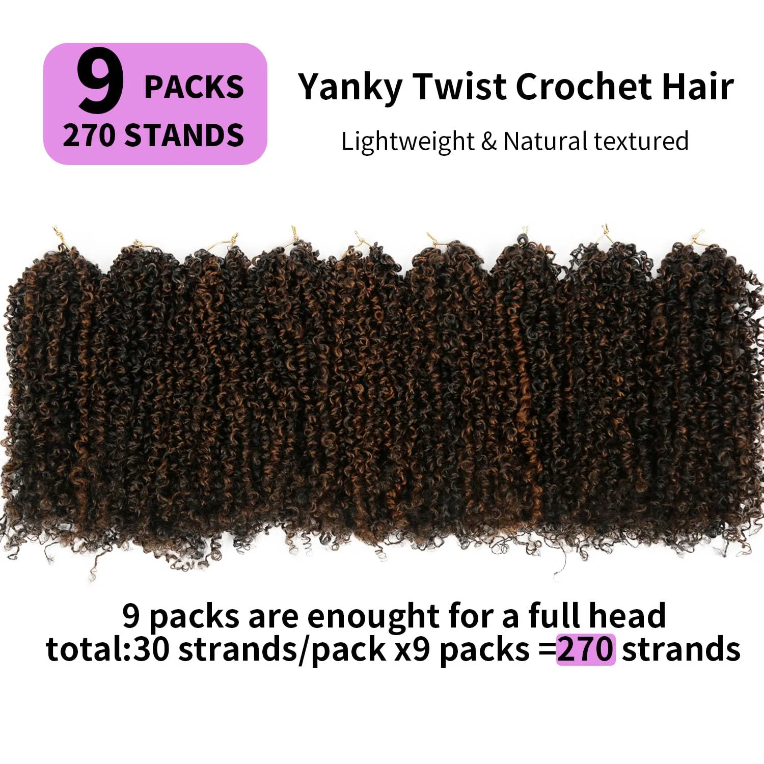 Yanky Twist Crochet Hair 9 Pack(270 Strands Total) Pre loop Pre Twisted Dark Brown Braids Crochet Hair,Synthetic Spring Short Passion Twist Crochet Braiding Hair Extensions For Women(1BH30, 8 Inch)