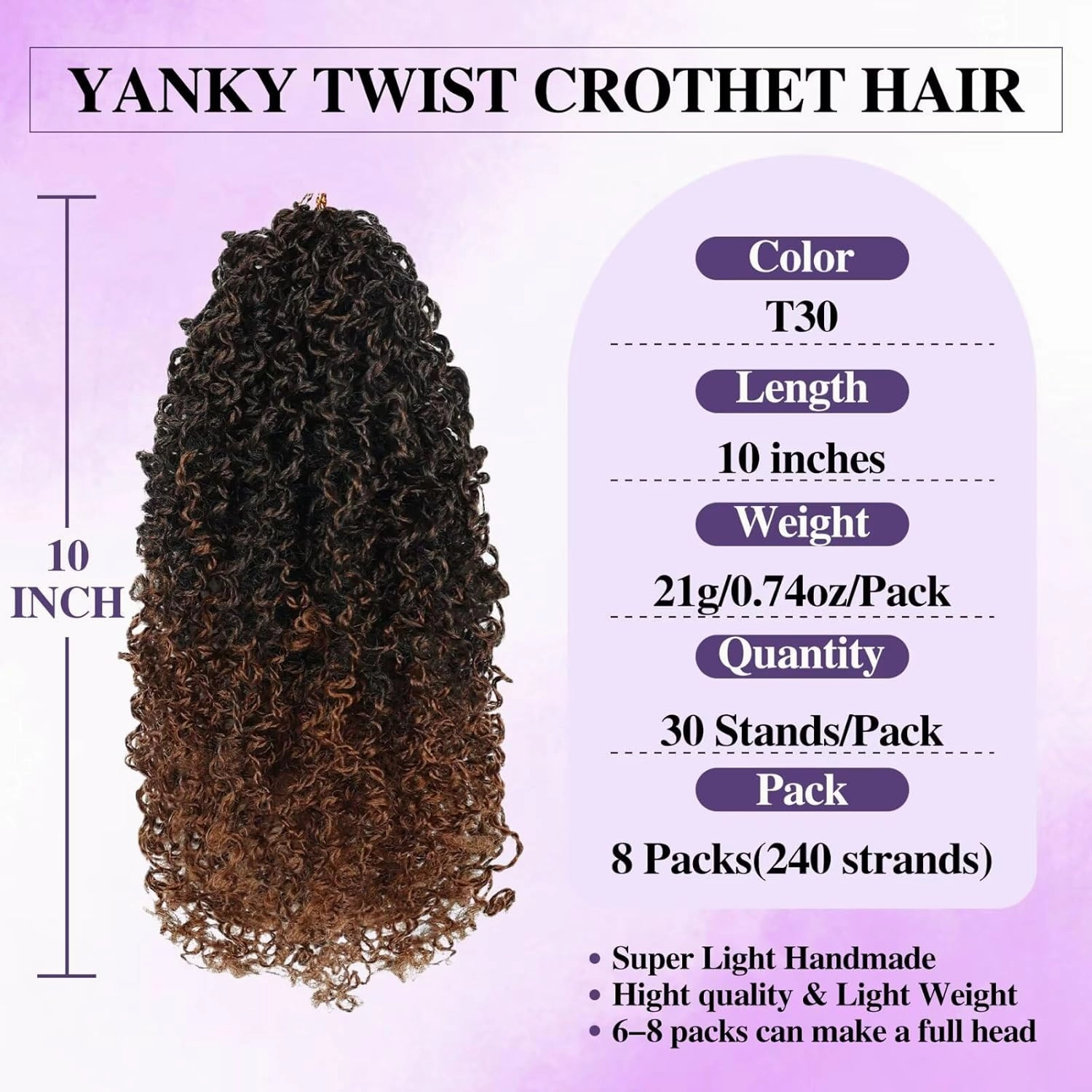 Yanky Twist Crochet Hair for black women 10 Inch 8 Packs 30 Stands/Pc,Pre-looped Fluffy Spring Mini Twist Passion Twist Ombre Brown Synthetic Crochet Braids Braiding Hair(10 Inch, T30-8P)
