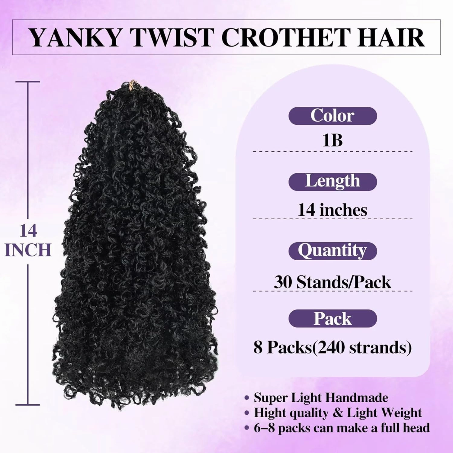 Yanky Twist Crochet Hair for black women 14 Inch 8 Packs 30 Stands/Pc,Pre-looped Fluffy Spring Mini Twist Passion Twist Natural Black Synthetic Crochet Braids Braiding Hair(14 Inch, 1B-8P)