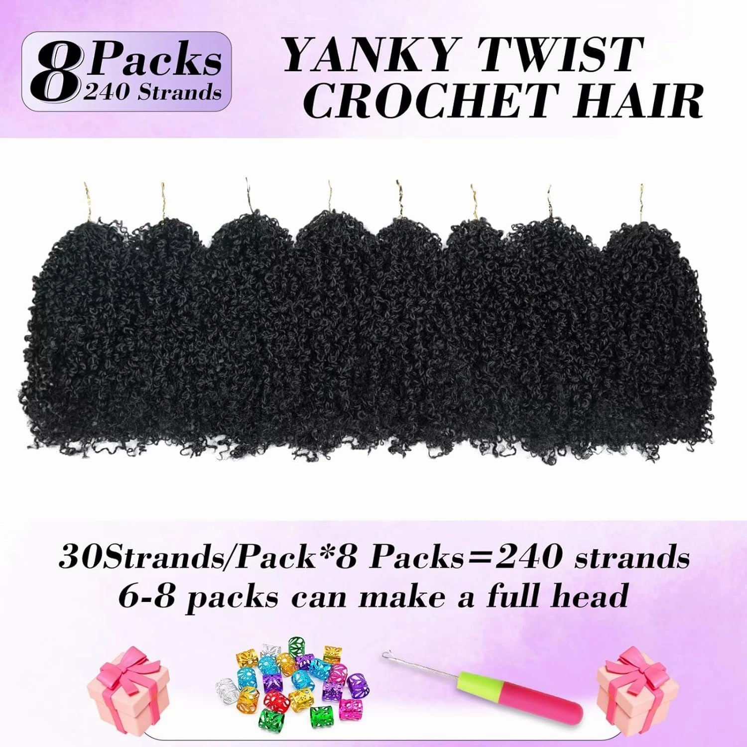 Yanky Twist Crochet Hair for black women 14 Inch 8 Packs 30 Stands/Pc,Pre-looped Fluffy Spring Mini Twist Passion Twist Natural Black Synthetic Crochet Braids Braiding Hair(14 Inch, 1B-8P)