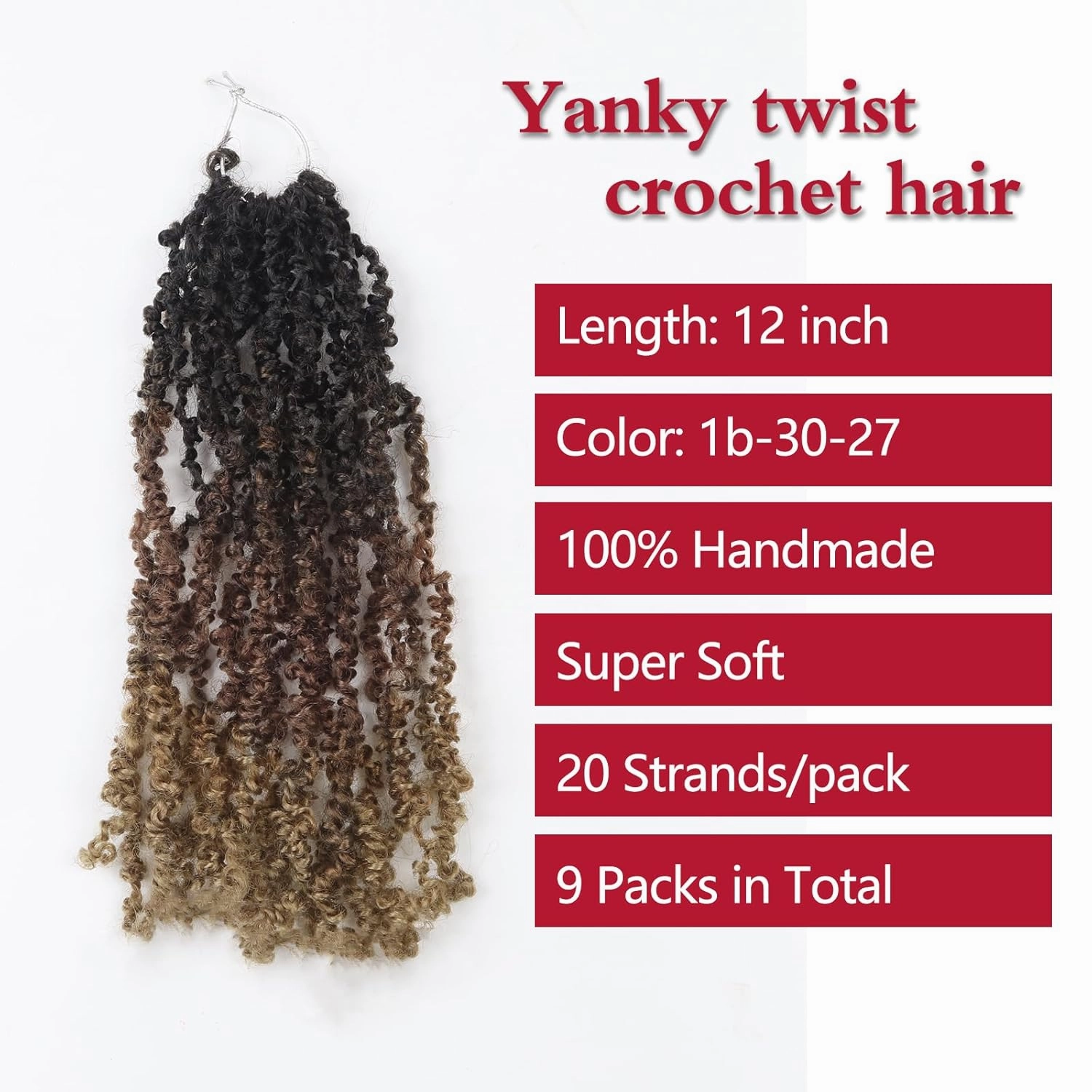 Yanky Twist Crochet Hair, PILLUGER Yaki Twists Hair Micro Spring Twist Braids,9 Packs Pre-looped passion Twist Brown Senegalese With Curls Crochet Synthetic Hair Extensions(1B/30/27)
