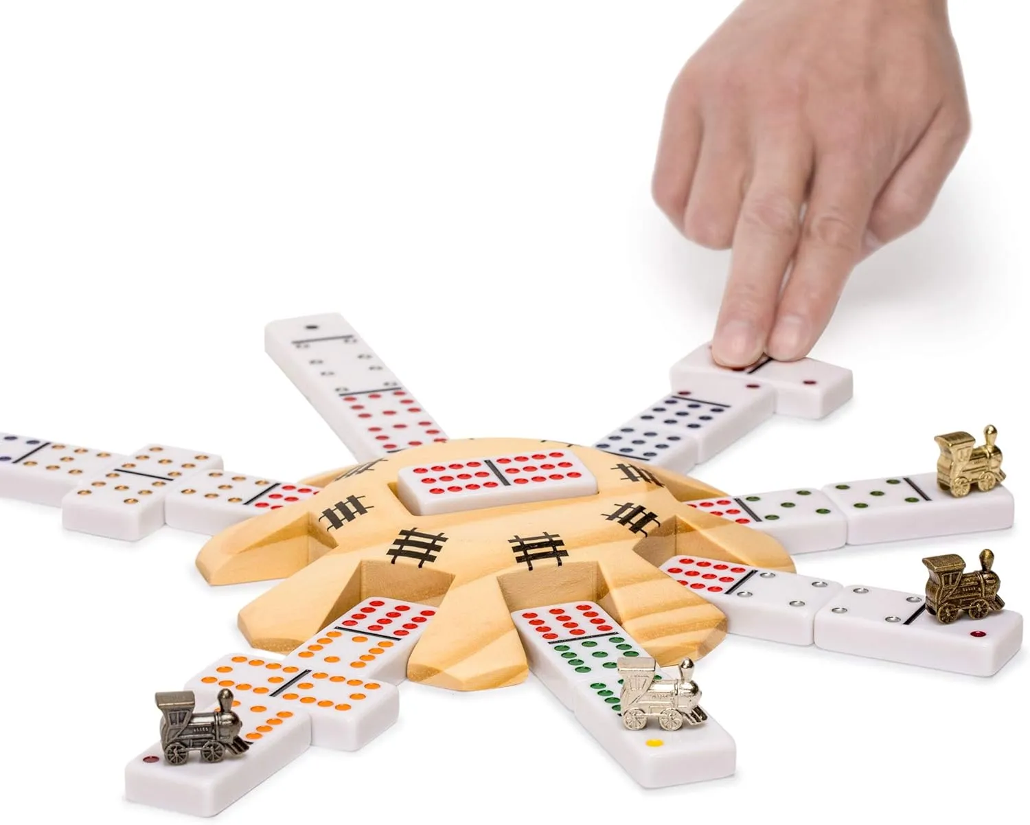 Yellow Mountain Imports Mexican Train Complete Set with Double 12 Dominoes (Pips/Dots), Wooden Hub, Die Cast Train Markers, and Scorepad