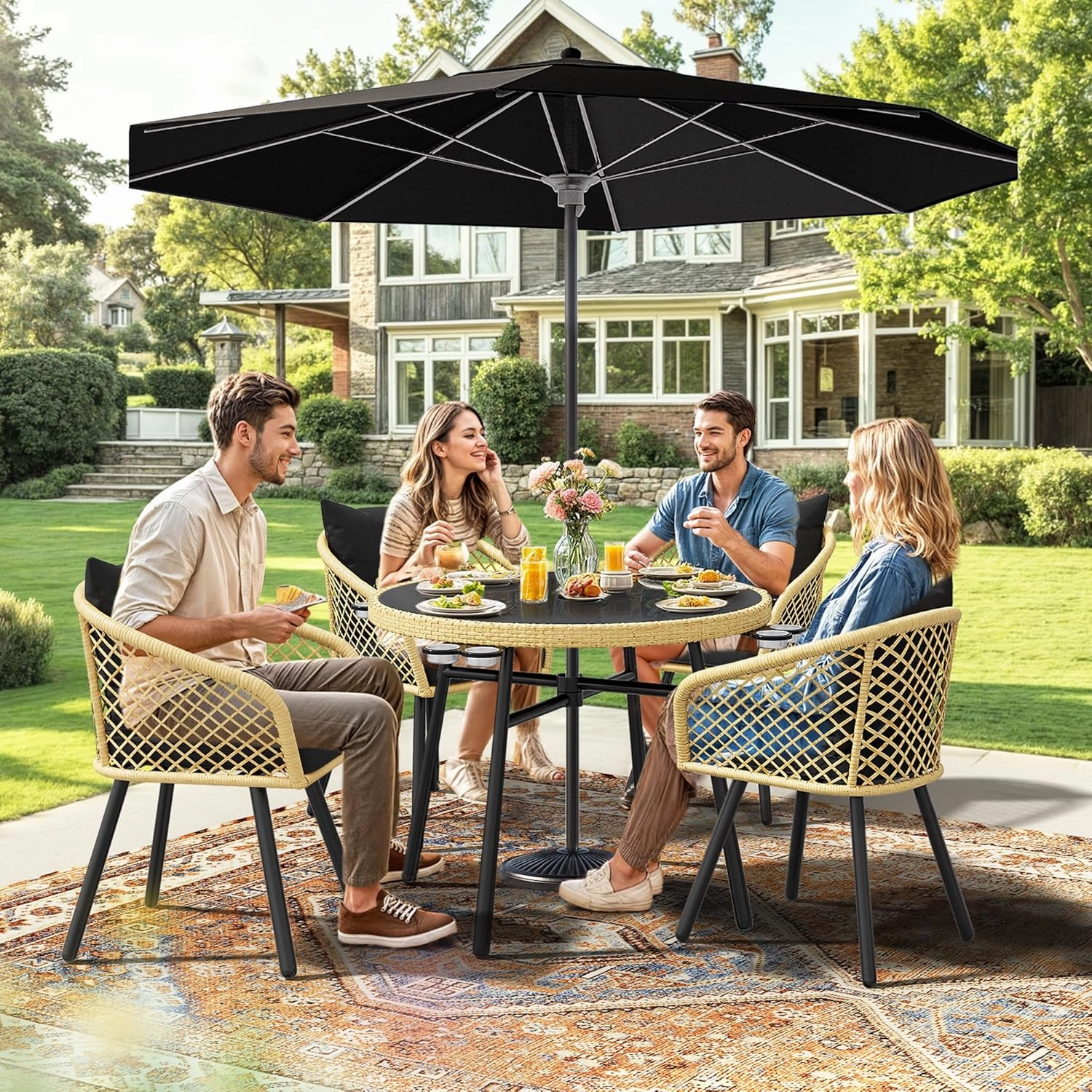 YITAHOME 5-Piece Outdoor Dining Set with Umbralle Hole, Rattan Patio Dining Set for 4 with Cup Holders Soft Cushions and Glass Top Dining Table for Patio, Backyard, Garden, Bacony, Light Brown & Black