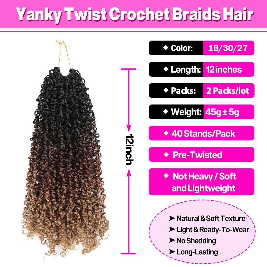 Youngther Yanky twist crochet hair Pre-Twisted Fluffy Spring Mini Twist with curly crochet hair for black women crochet hair pre looped Synthetic hair extension（12inch 1B/30/27 2PCS）