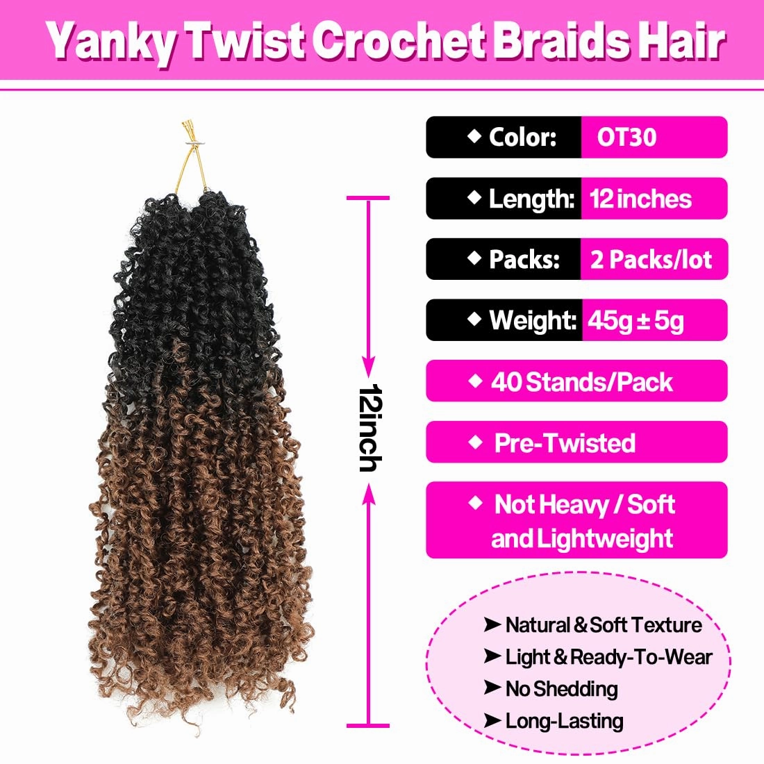 Youngther Yanky twist crochet hair Pre-Twisted Fluffy Spring Mini Twist with curly crochet hair for black women crochet hair pre looped Synthetic hair extension（12inch OT30 2PCS）