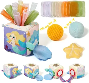 Youuys Baby Tissue Box Toy for Babies 6-12 Months - Montessori Sensory Busy Cube Toys with 3 Textured Balls & 12 Silky Scarves - Ideal Gift for Toddler Girls Ages 6 12 18 Months (Mermaid Theme)